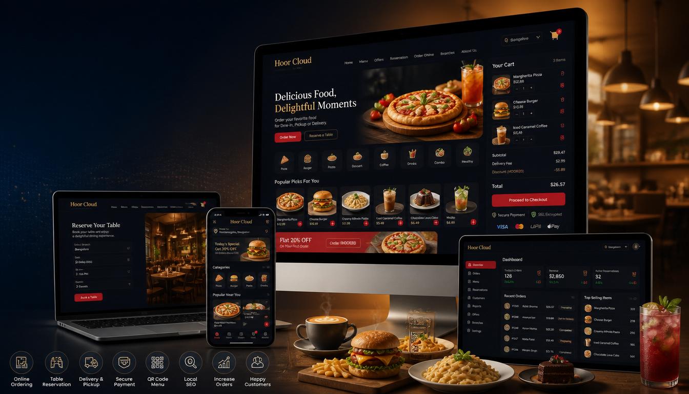 Restaurant- und Café-Website mit digitaler Speisekarte, Online-Bestellung und Tischreservierung auf Mobilgeräten und Desktop